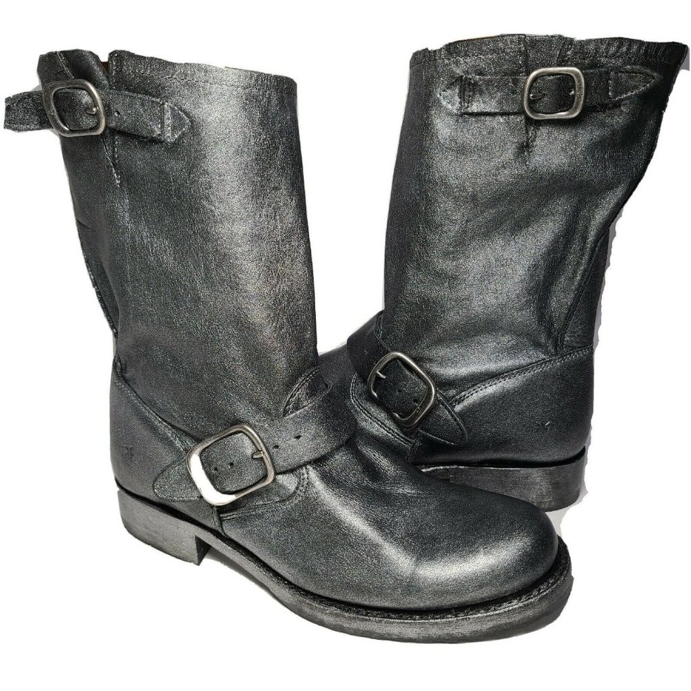 Frye women ankle boots Short Black silver Metallic leather Veronica sz 6.5 New